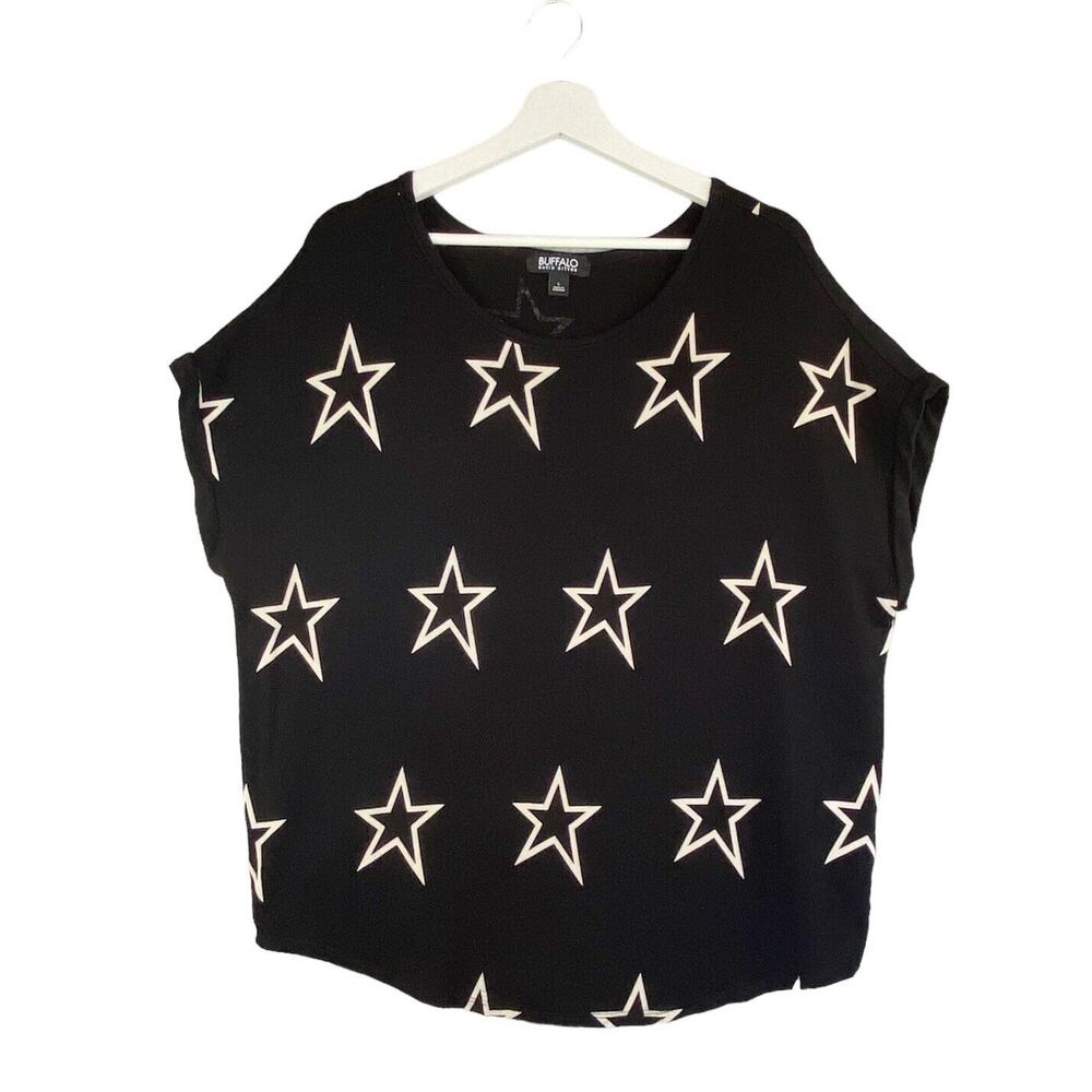 Buffalo David Bitton Womens Large Black Stars French Terry T-Shirt Short Sleeve